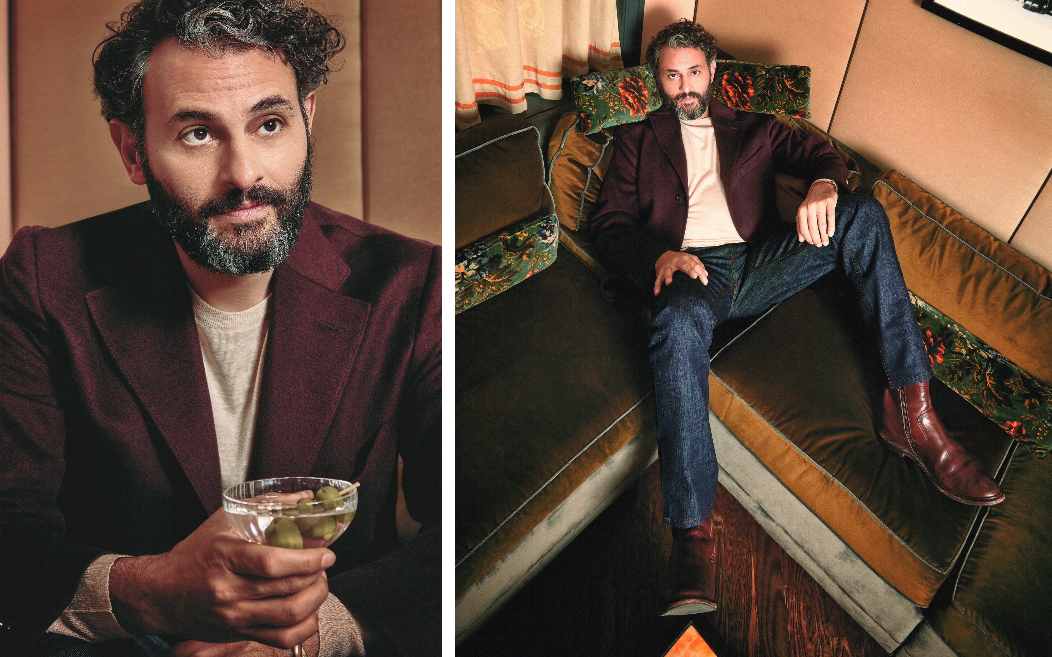Arian Moayed in a split image of himself holding a martini and leaning back on a sunken velvet couch
