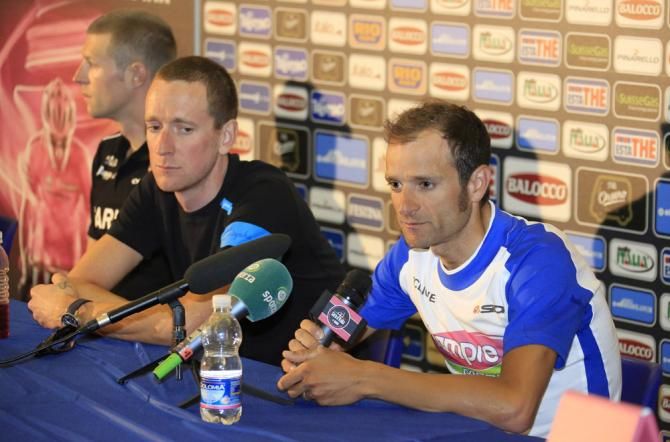 Ryder Hesjedal, Bradley Wiggins and Michele Scarponi at the pre-Giro press conference