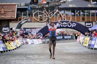 Ondřej Cink (Cube) celebrates taking the men's elite XCO win at the WHOOP UCI Mountain Bike World Series round in Leogang, 2025