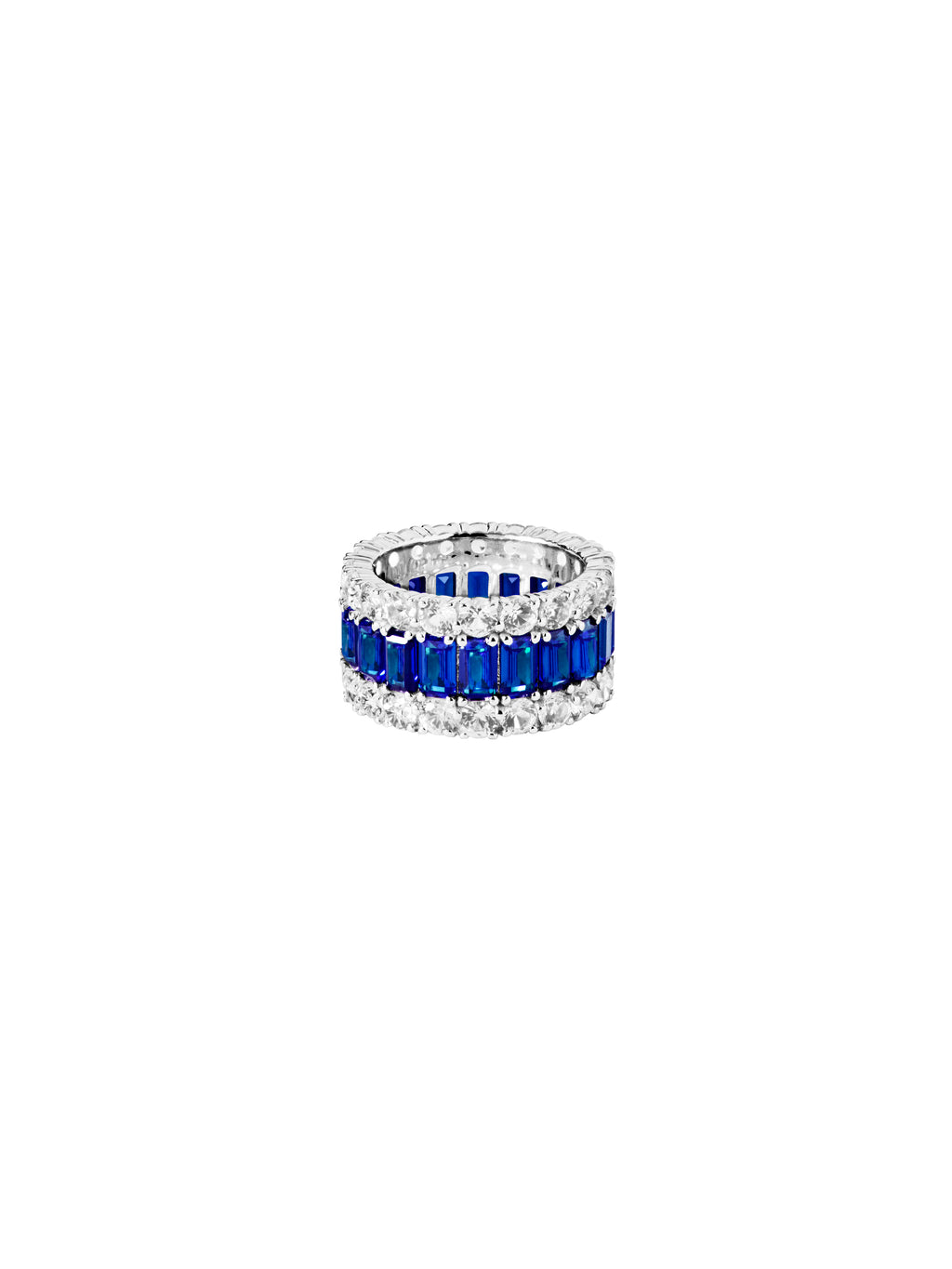 Maxime Three-Row Ring in Lab Blue Sapphire and Moissanite, Sterling Silver