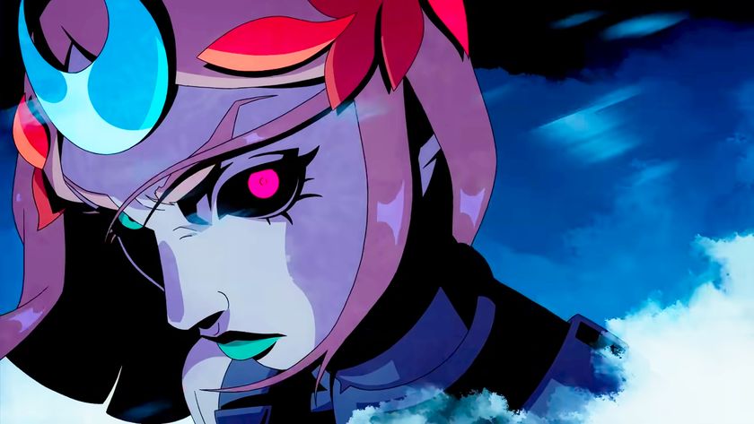 A close-up shot from the Hades 2 launch trailer. Melinoe faces the viewer with her bright red eye while her hair ripples in the wind.