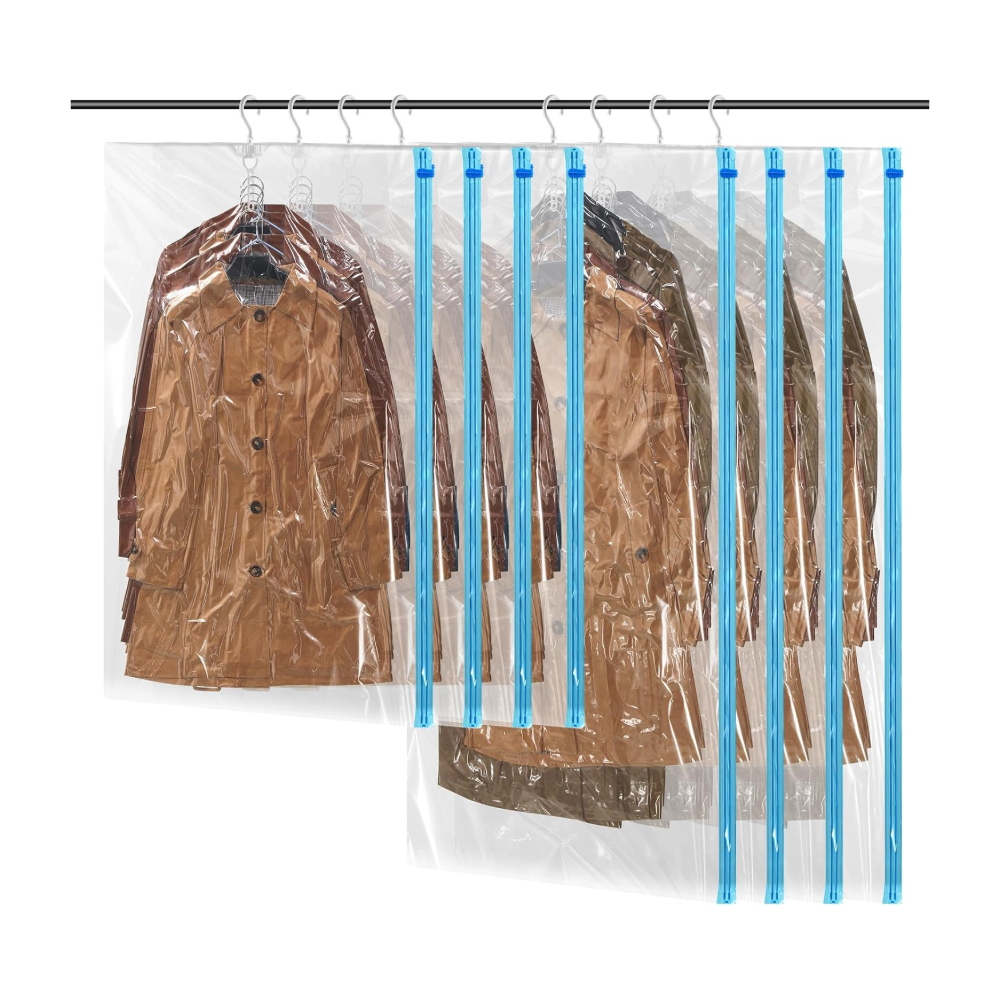 Hanging vacuum bags with coats inside