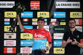 LA CHAISEDIEU FRANCE JUNE 05 Victor Campenaerts of Belgium and Team Lotto Dstny celebrates at podium as most combative prize winner during the 75th Criterium du Dauphine 2023 Stage 2 a 1673km stage from BrassaclesMines to La ChaiseDieu 1080m UCIWT on June 05 2023 in La ChaiseDieu France Photo by Dario BelingheriGetty Images