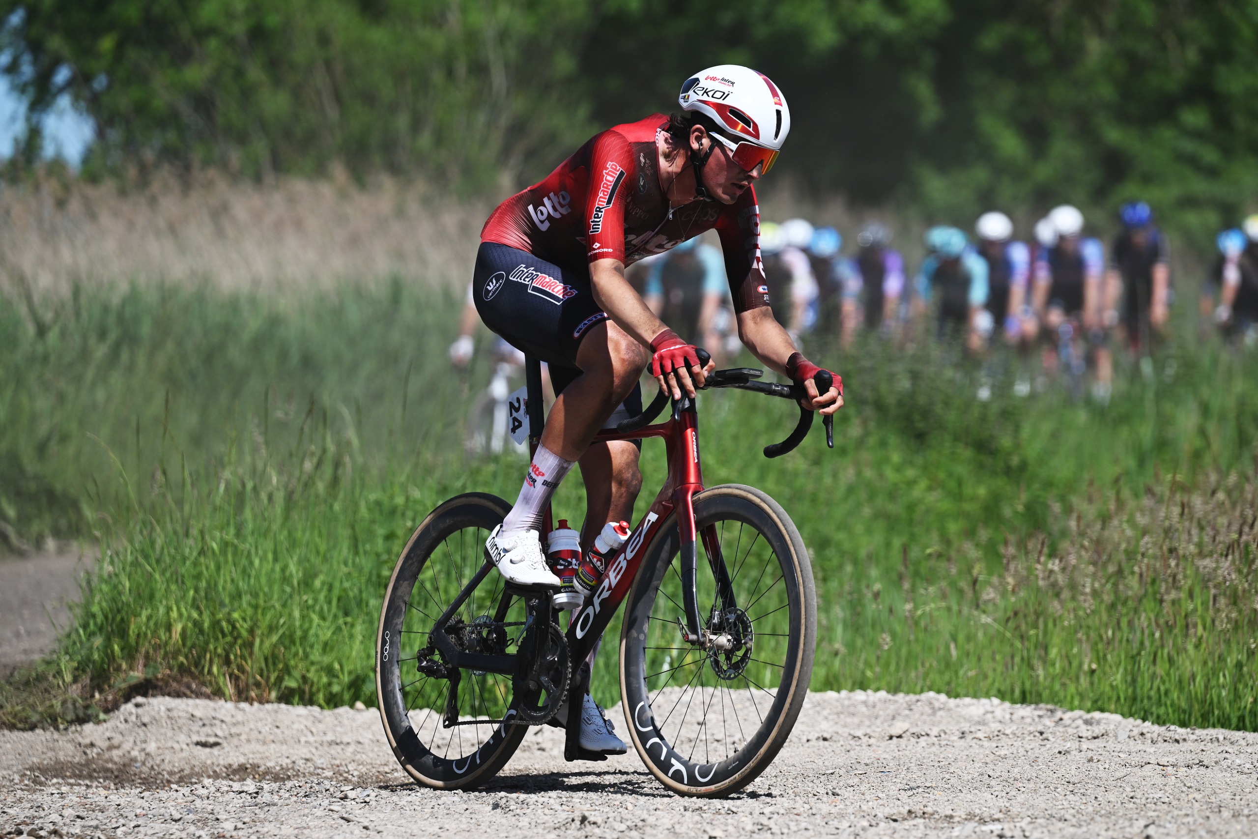 ANTWERPEN, BELGIUM - MAY 25: Robin Orins of Belgium and Team Lotto Intermarche competes in the breakaway during the 9th Antwerp Port Epic / Sels Trophy 2026 a 192.4km one day race from Antwerpen to Antwerpen on May 25, 2026 in Antwerpen, Belgium. (Photo by Luc Claessen/Getty Images)