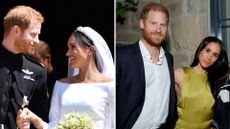 A composite of a picture of Prince Harry and Meghan on their wedding day and a picture of them in 2026