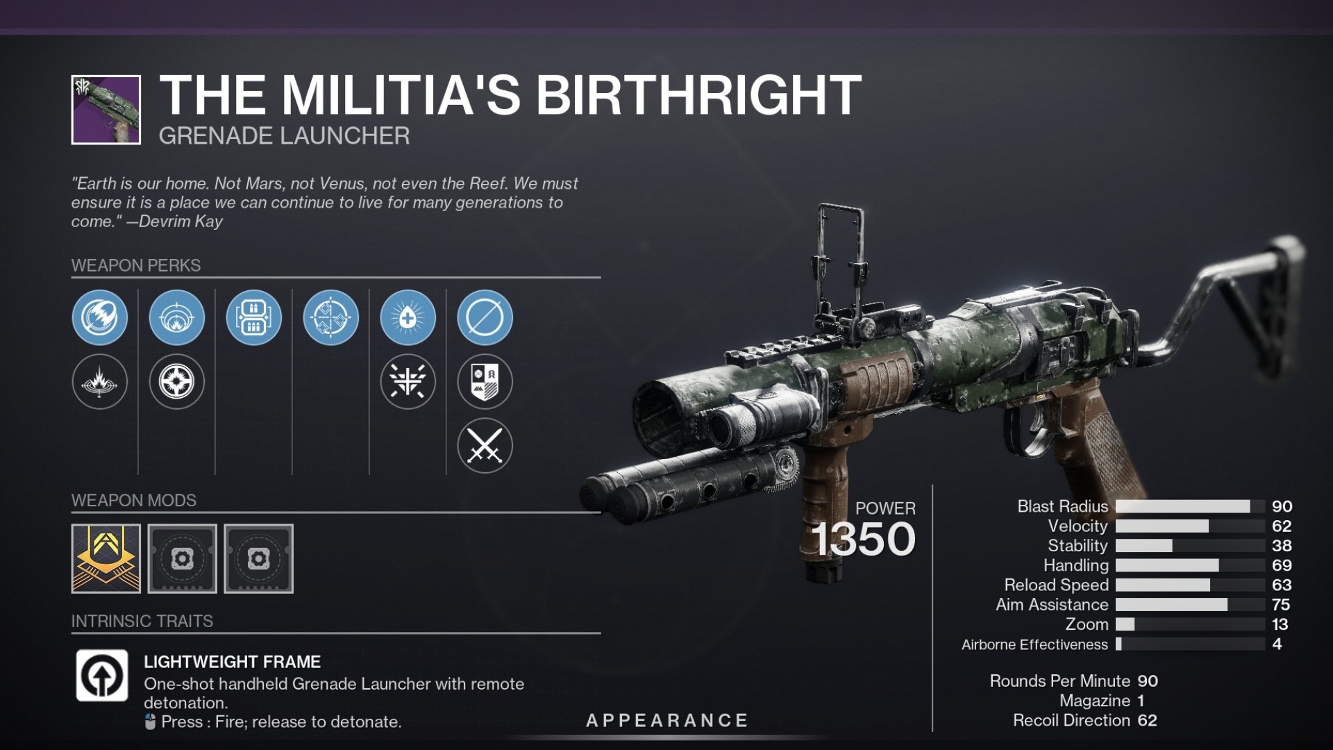 Destiny 2 Milis'in Birthright silah menüsü
