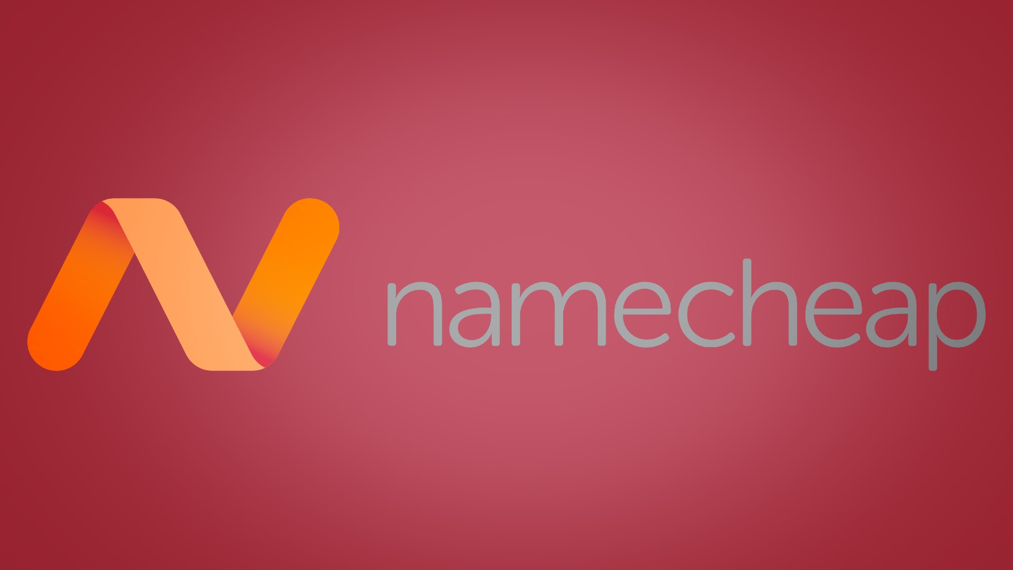 Namecheap logo in grey and orange on burgundy background