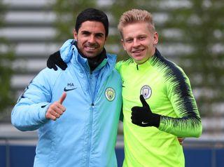 Arsenal manager Mikel Arteta, while at Manchester City with Oleksandr Zinchenko, in action during training Manchester City Football Academy on May 10, 2019 in Manchester, England.