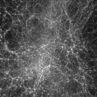 A computer simulation shows dark matter is distributed in a clumpy but organized manner. In the figure, high density regions appear bright whereas dark regions are nearly, but not completely, empty. Credit: Institute for the Physics and Mathematics of the