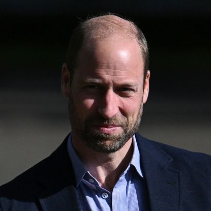 Prince William has a beard and smiles while wearing a casual suit jacket and unbuttoned blue shirt