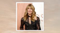 Laura Dern is pictured with bottleneck bangs and loose waves at the 97th Annual Oscars at Dolby Theatre on March 02, 2025 in Hollywood, California/ in a beige and grey sunset-style template