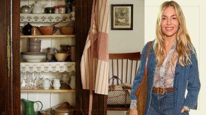 Composite image of Sienna miller next to the inside of a country kitchen cupboard filled with earthenware