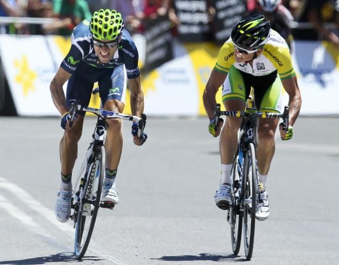Simon Gerrans glances at Alejandro Valverde as they sprint for the win on Willunga Hill in 2012