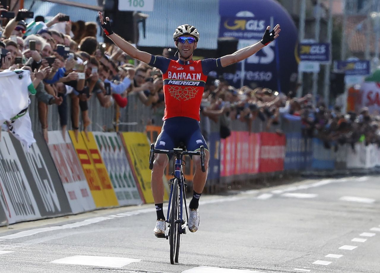 Vincenzo Nibali (Bahrain-Merida) celebrates his second Il Lombardia