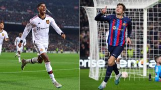 Marcus Rashford of Manchester United celebrates opposite picture of Marcos Alonso of FC Barcelona