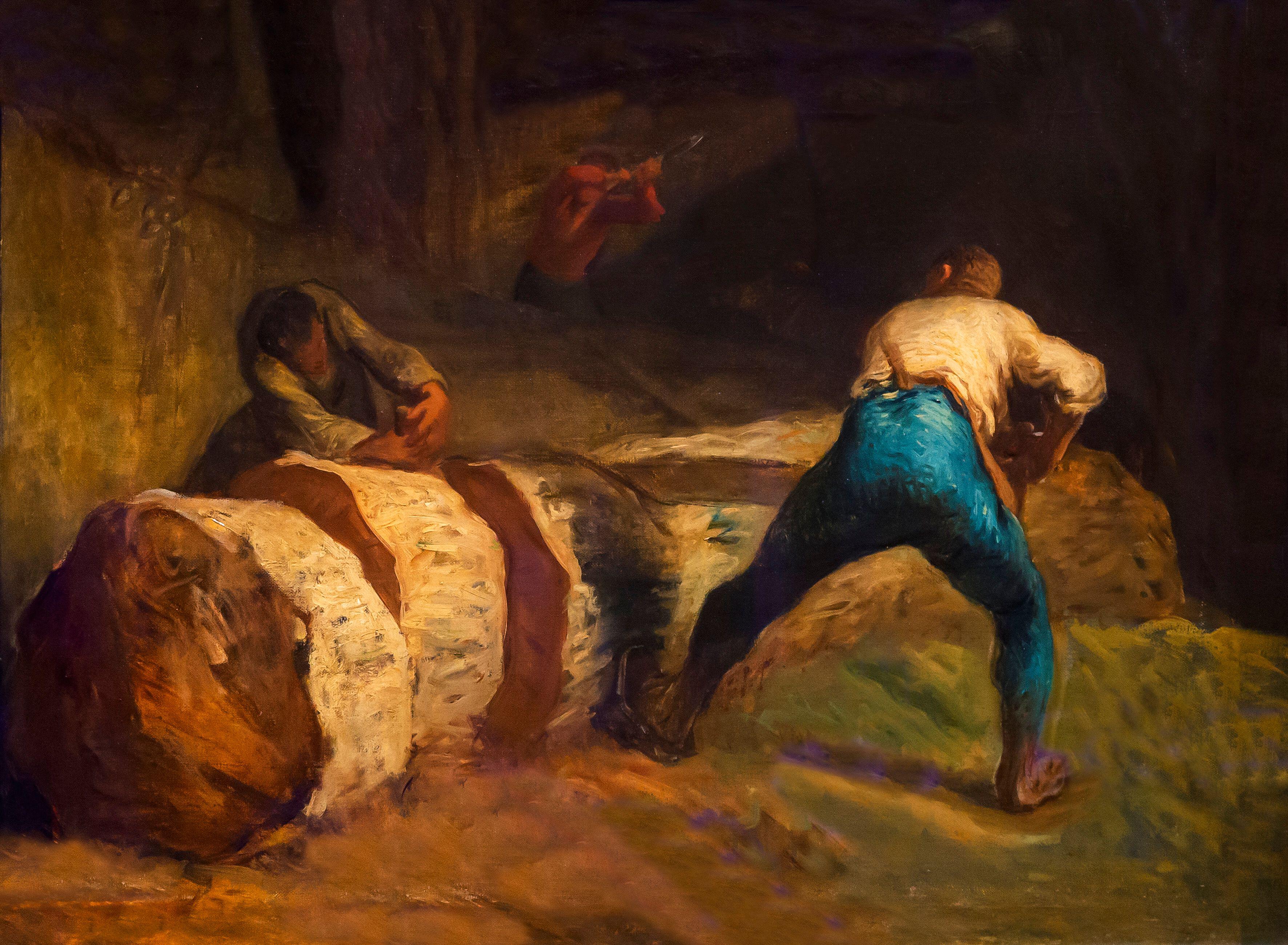 The Wood Sawyers, Jean Francois Millet, 1875. Two men cut the enormous trunk of a tree.