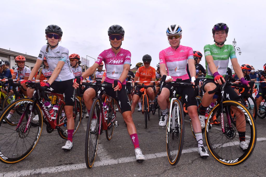 OVADA ITALY JULY 04 Niamh FisherBlack of New Zealand white best young jersey Ashleigh Moolman Pasio of South Africa and Team SD Worx Purple Points Jersey Anna Van Der Breggen of Netherlands and Team SD Worx Pink Leader Jersey Demi Vollering of Netherlands Green Mountain Jersey at start during the 32nd Giro dItalia Internazionale Femminile 2021 Stage 3 a 135km stage from Casale Monferrato to Ovada GiroDonne UCIWWT on July 04 2021 in Ovada Italy Photo by Luc ClaessenGetty Images