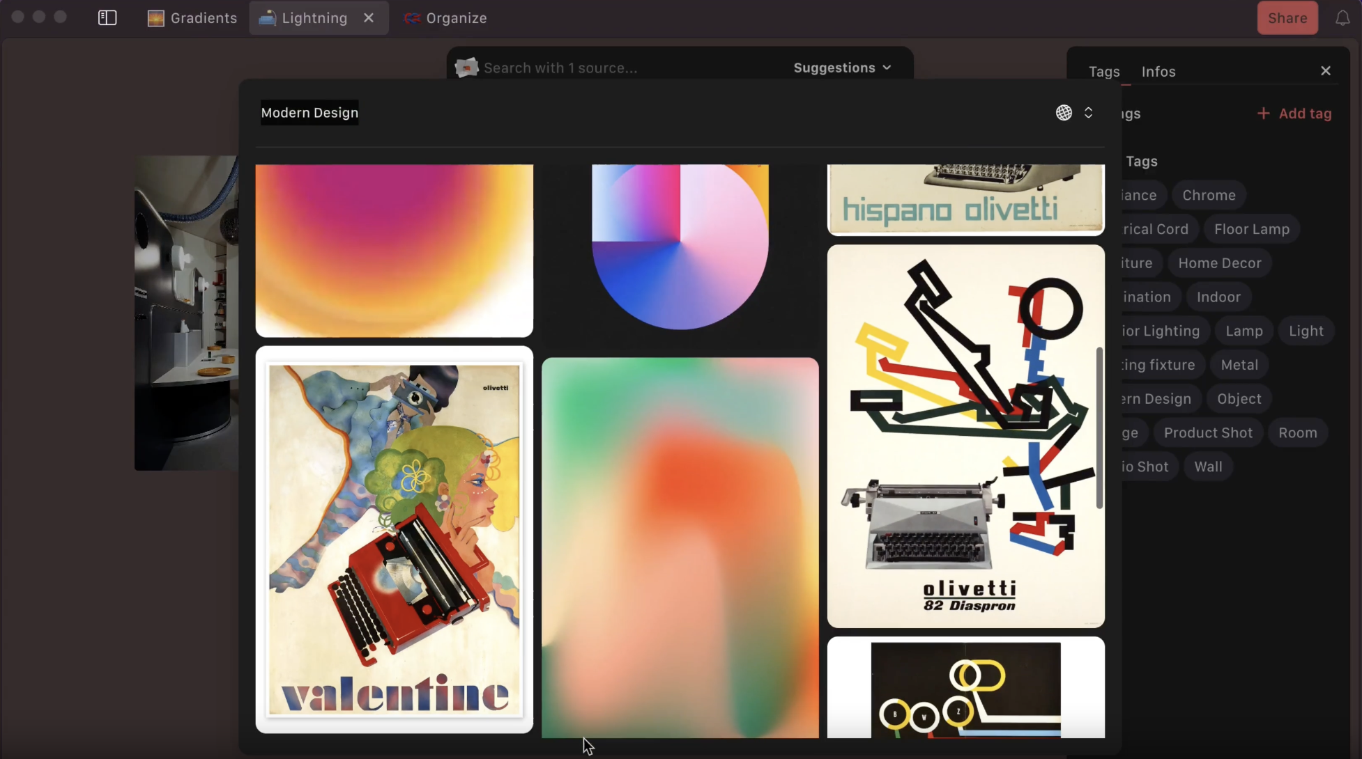 A digital workspace interface titled "Modern Design" showcasing a curated grid of colorful abstract gradients and vintage-style graphic design posters featuring typewriters.