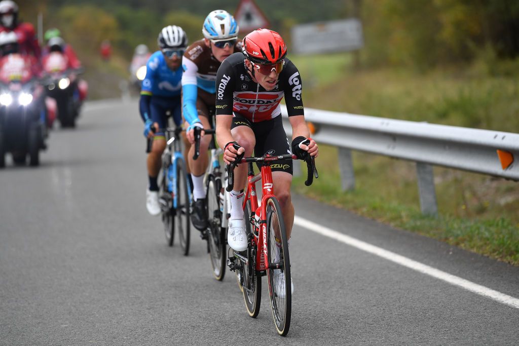 VILLANUEVA DE VALDEGOVIA SPAIN OCTOBER 27 Stan Dewulf of Belgium and Team Lotto Soudal Breakaway during the 75th Tour of Spain 2020 Stage 7 a 1597km from VitoriaGasteiz to Villanueva de Valdegovia lavuelta LaVuelta20 La Vuelta on October 27 2020 in Villanueva de Valdegovia Spain Photo by Justin SetterfieldGetty Images