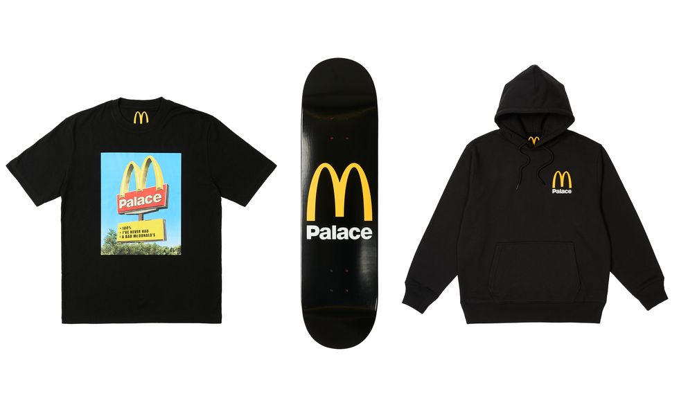 A hoodie, t-shirt and skate deck from the McDonald's x Palace collaboration.