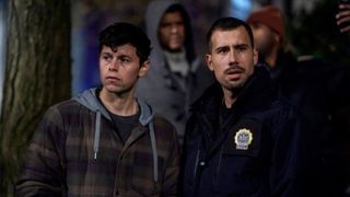 Ethan Jones Romero as Danny and Octavio Pisano as Velasco on a crime scene in Law & Order: SVU season 26 episode 13