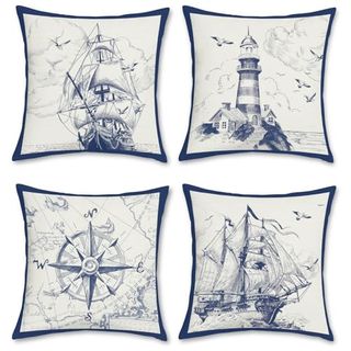 Bonhause Nautical Sailboat Cushion Covers 45 X 45 Cm Compass Lighthouse Decorative Throw Pillow Covers Polyester Linen Blue Pillowcases for Sofa Home Patio Outdoor Decor Set of 4