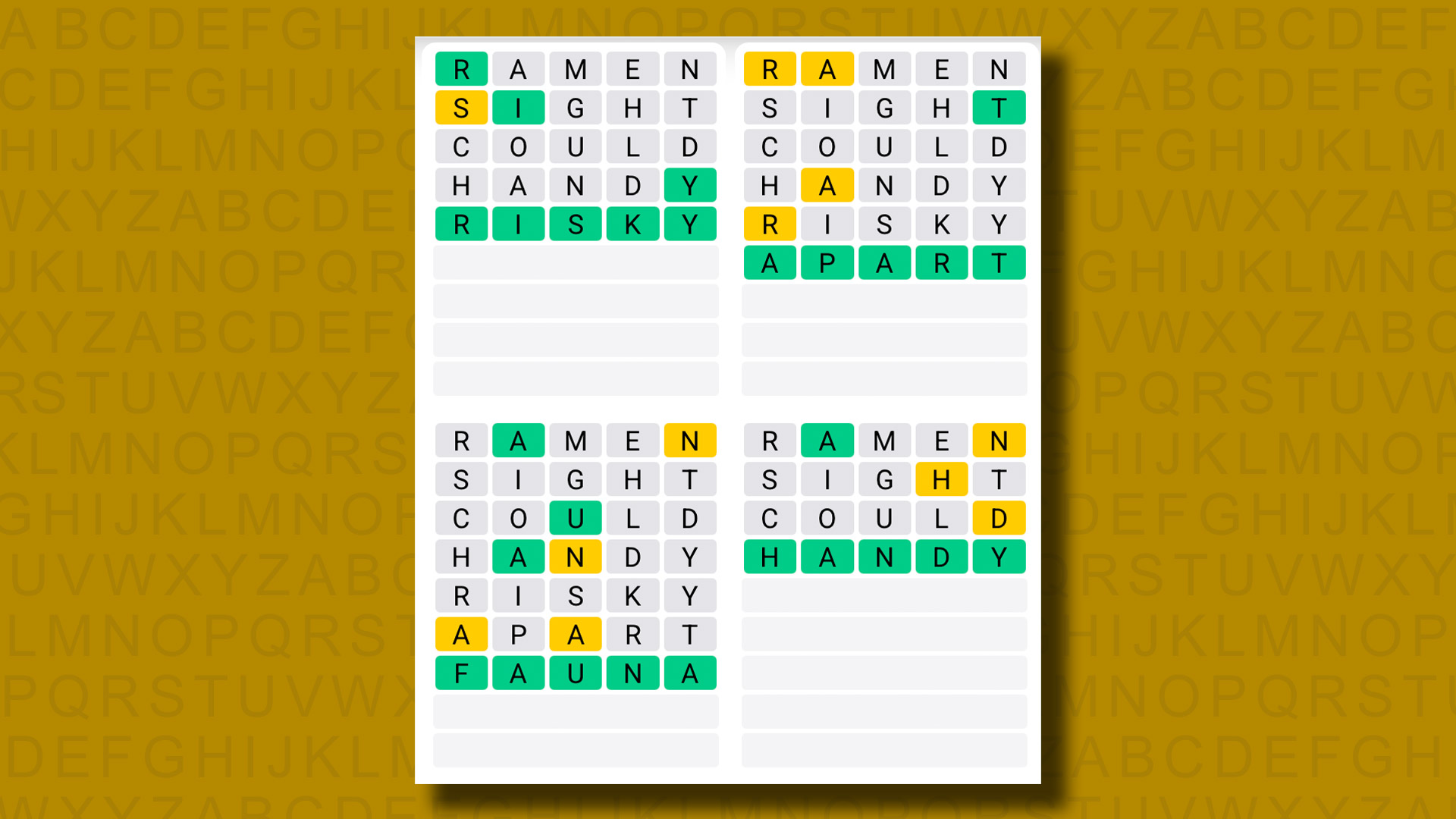 Quordle answers for game 1290 on a yellow background