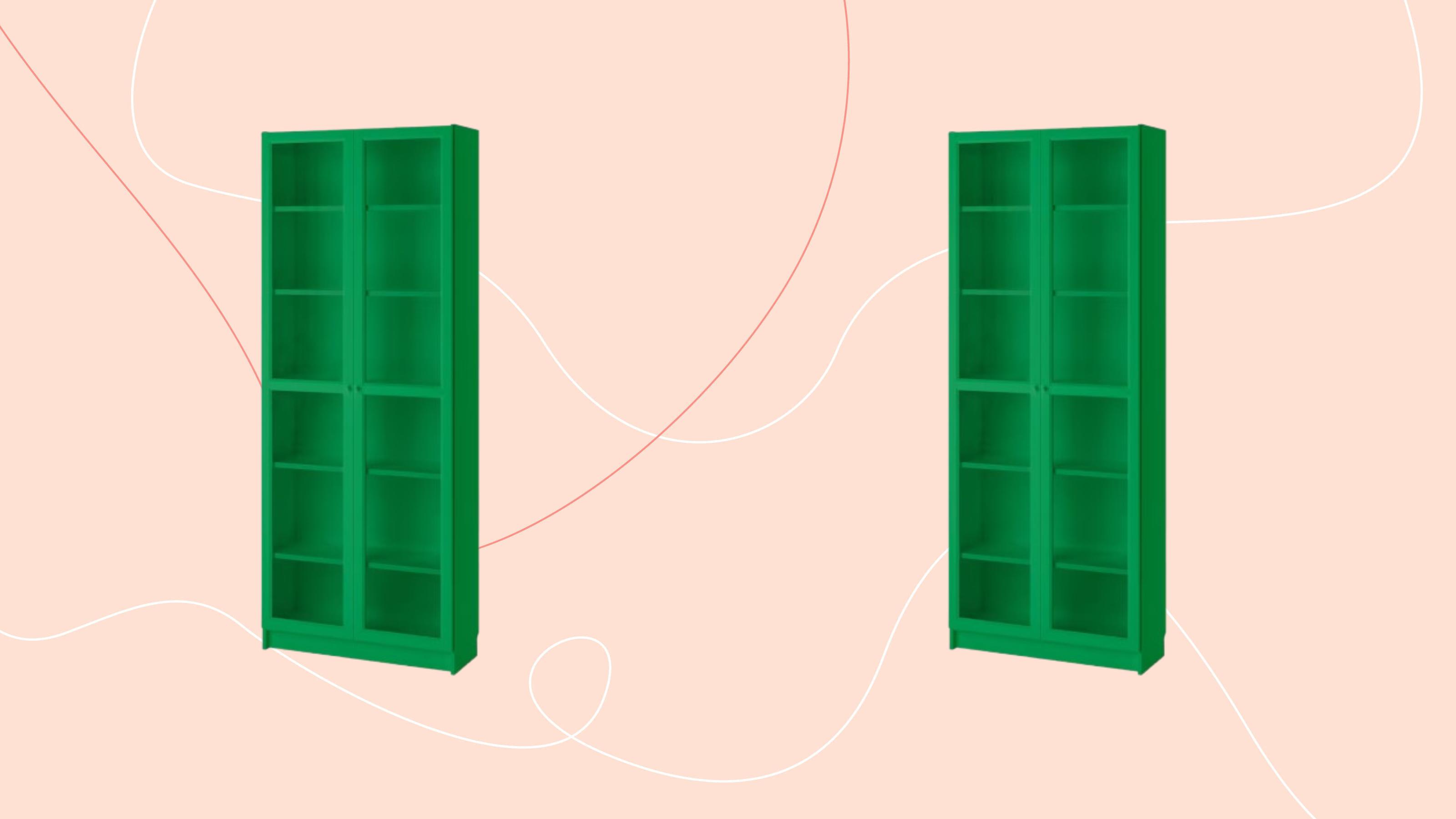 Green BILLY bookcase on pink backgound.