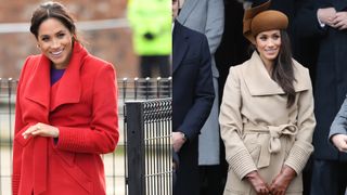 Meghan Markle wearing a red wrap coat and smiling in front of a fence next to a photo of her in the same coat, but in tan, wearing a brown hat and gloves