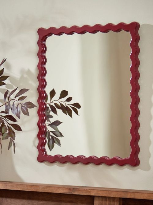Red Wood Lacquered Wavy Wall Mirror