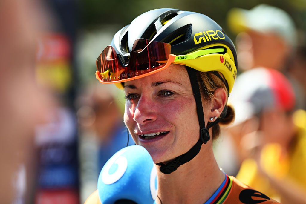 ROTTERDAM NETHERLANDS AUGUST 12 Marianne Vos of The Netherlands and Team Visma Lease a Bike meets the media press prior to the 3rd Tour de France Femmes 2024 Stage 1 a 123km stage from Rotterdam to The Hague UCIWWT on August 12 2024 in Rotterdam Netherlands Photo by Dario BelingheriGetty Images