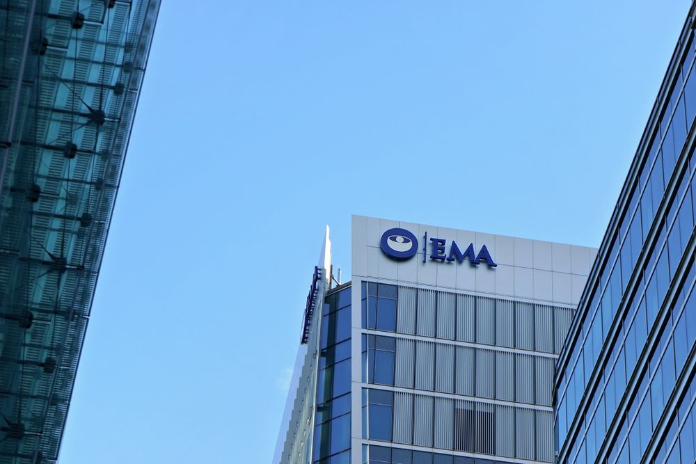 Blue European Medicines Agency logo on their HQ in London