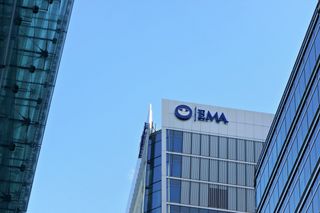 Blue European Medicines Agency logo on their HQ in London