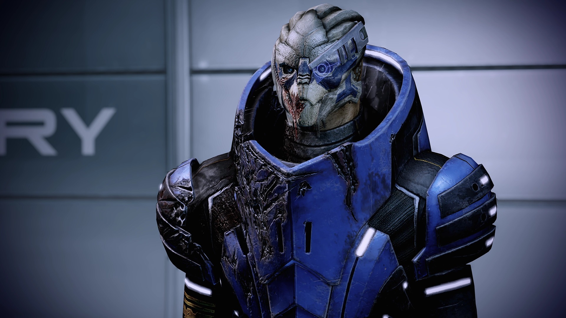 illustration of saren from mass effect 1 scowling in front of a wall
