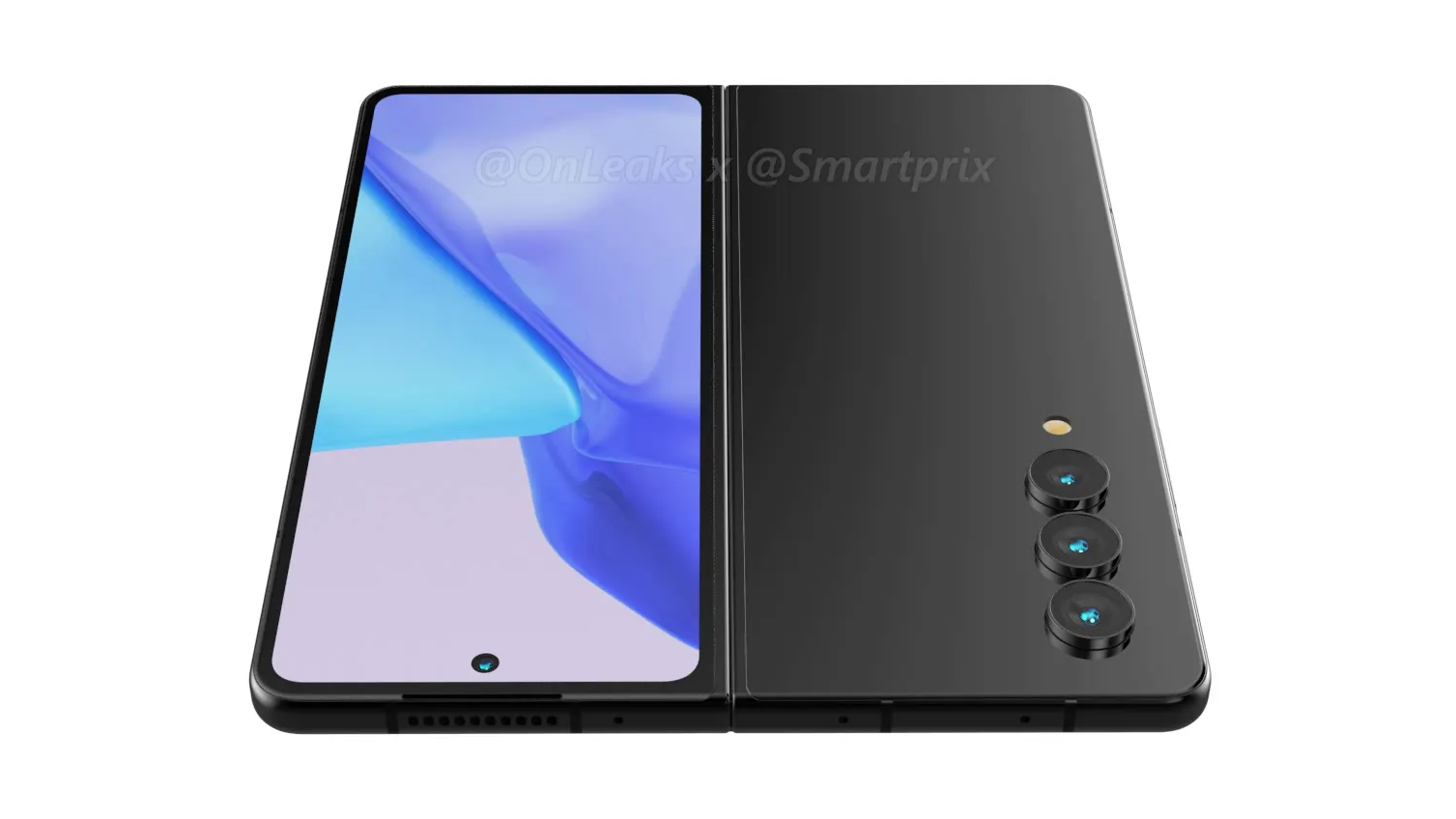 A render of the Samsung Galaxy Z Fold 4, showing the phone open and facing down