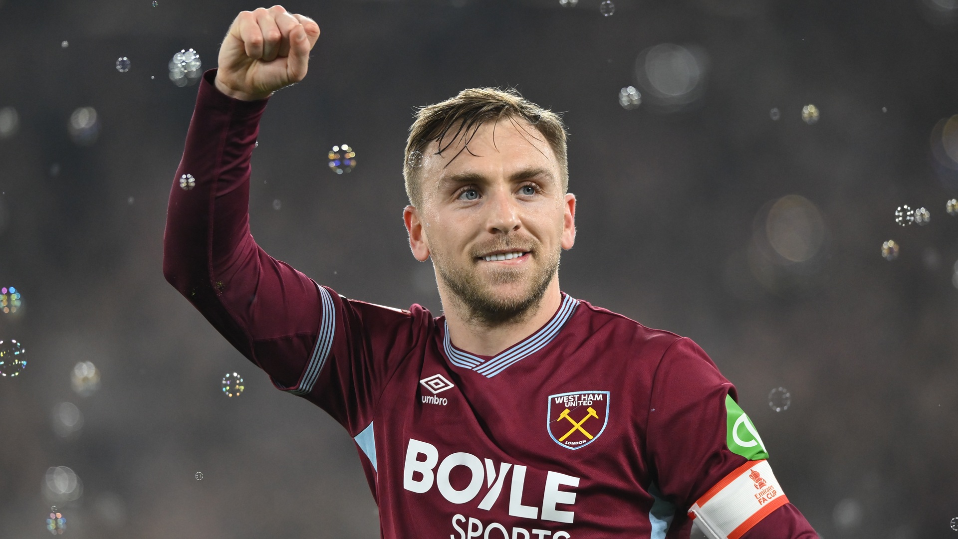 Jarrod Bowen of West Ham United celebrates after scoring a goal.