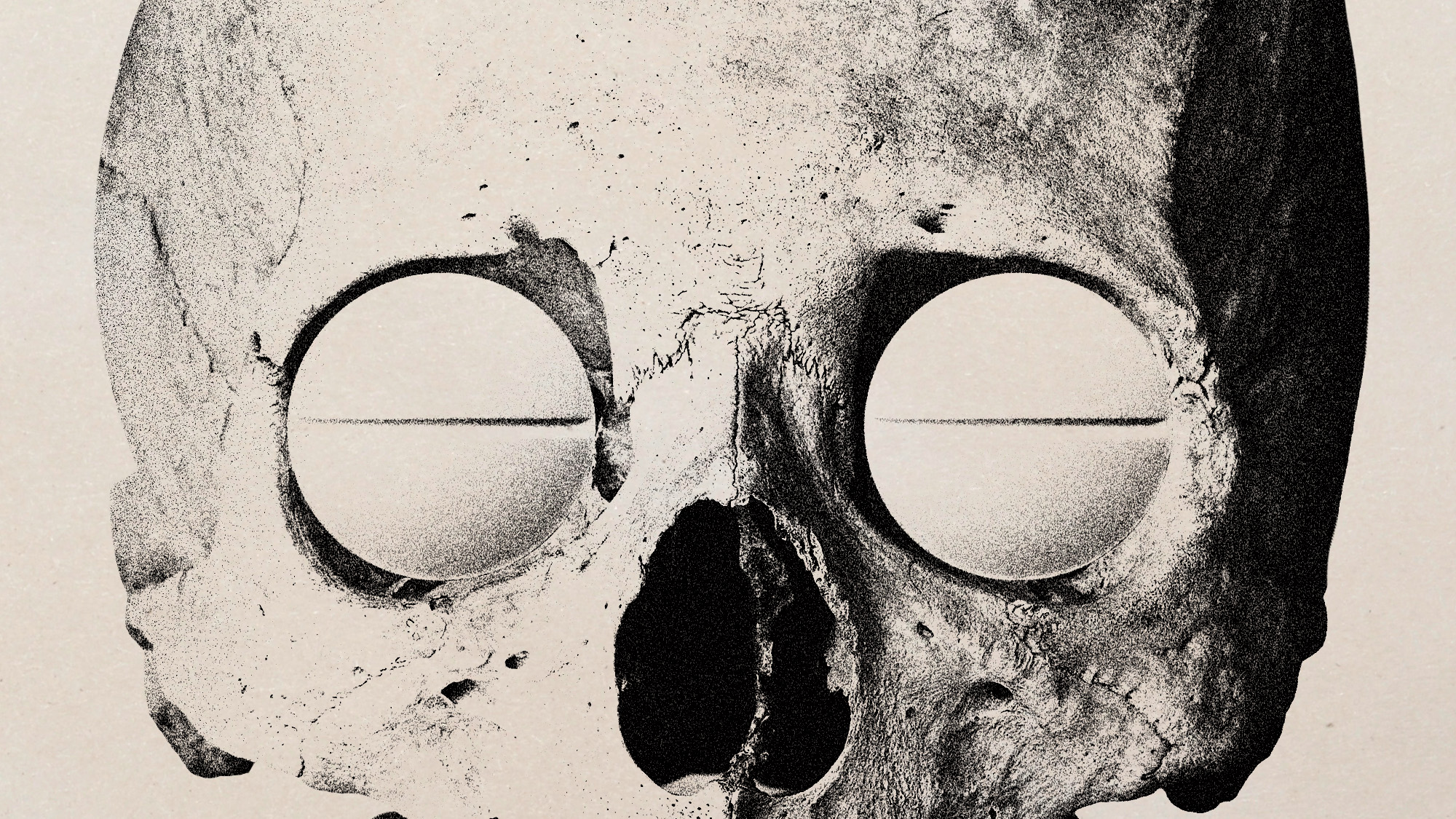 A photo collage of a skull with pills for eyeballs