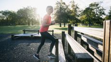 Woman boosting exercise motivation, hands together doing step ups in a park with sunshine coming through the trees