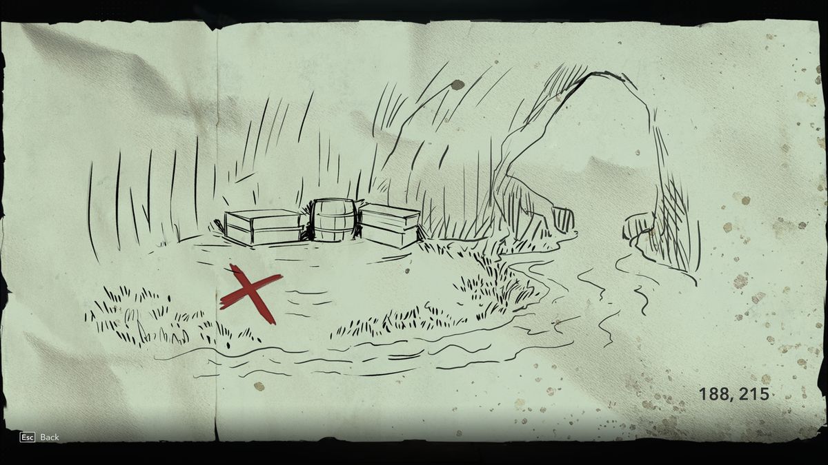 Black Flag treasure maps: A hand-drawn clue for the Santanillas (Digested) treasure map.
