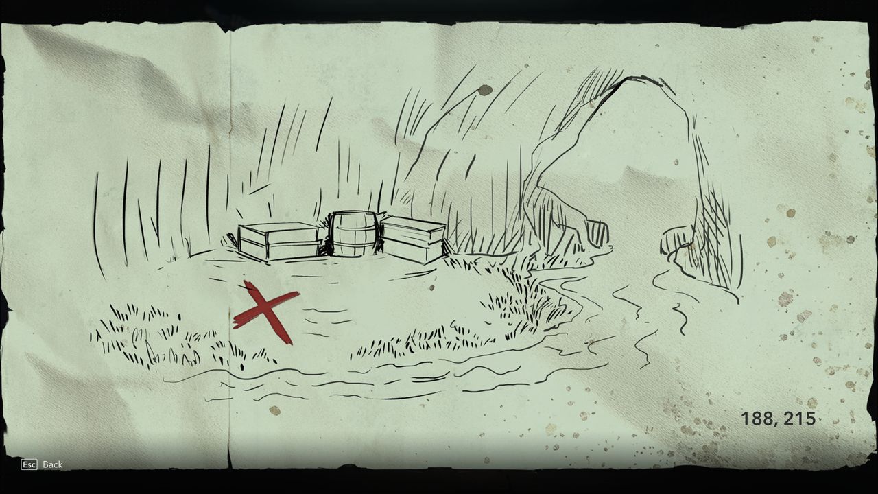 Black Flag treasure maps: A hand-drawn clue for the Santanillas (Digested) treasure map.