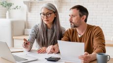 A retired couple look at a computer.