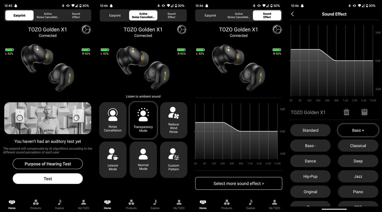 TOZO Golden X1 wireless earbuds settings in the TOZO Android app