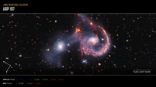 A pair of interacting galaxies. At the bottom left are compass arrows indicating the orientation of the image on the sky. The north arrow points in the 10 o’clock direction. The east arrow points toward 6 o’clock. At the lower right is a scale bar labelled in light-years. The length of the scale bar is one-sixth the total width of the image. Below the image is a colour key showing which NIRCam filters were used to create the image and which visible-light colour is assigned to each filter. From left to right, the NIRCam filters are: F090W is blue; F150W is blue; F200W is green; F277W is green; F356W is red; and F444W is red. From left to right, the MIRI filters are: F770W is yellow; F1000W is orange; and F1500W is red.