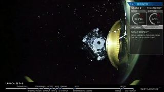 The SES-9 communications satellite separates from the upper stage of SpaceX's Falcon 9 rocket in this view from an onboard camera beamed to Earth during a live webcast of the successful launch on March 4, 2016.
