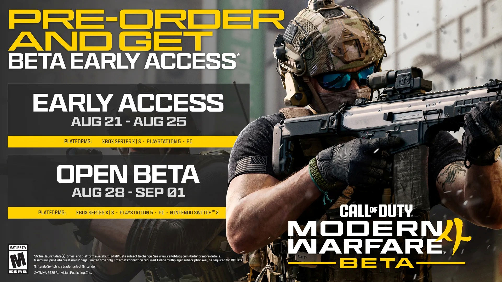 Call of Duty: Modern Warfare 4 Open Beta screenshots including operators in combat and upcoming weapons.