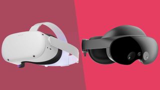 The Oculus Quest 2 is on the left of the Meta Quest Pro VR headset on red backgrounds