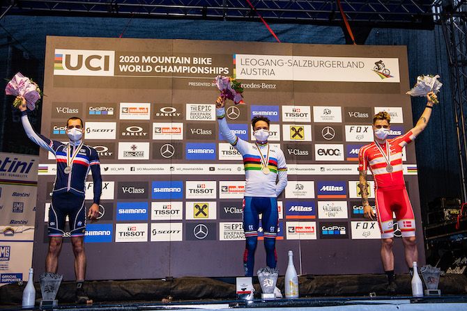 The podium (l to r): Jerome Gilloux, Tom Pidcock, Simon Andreassen