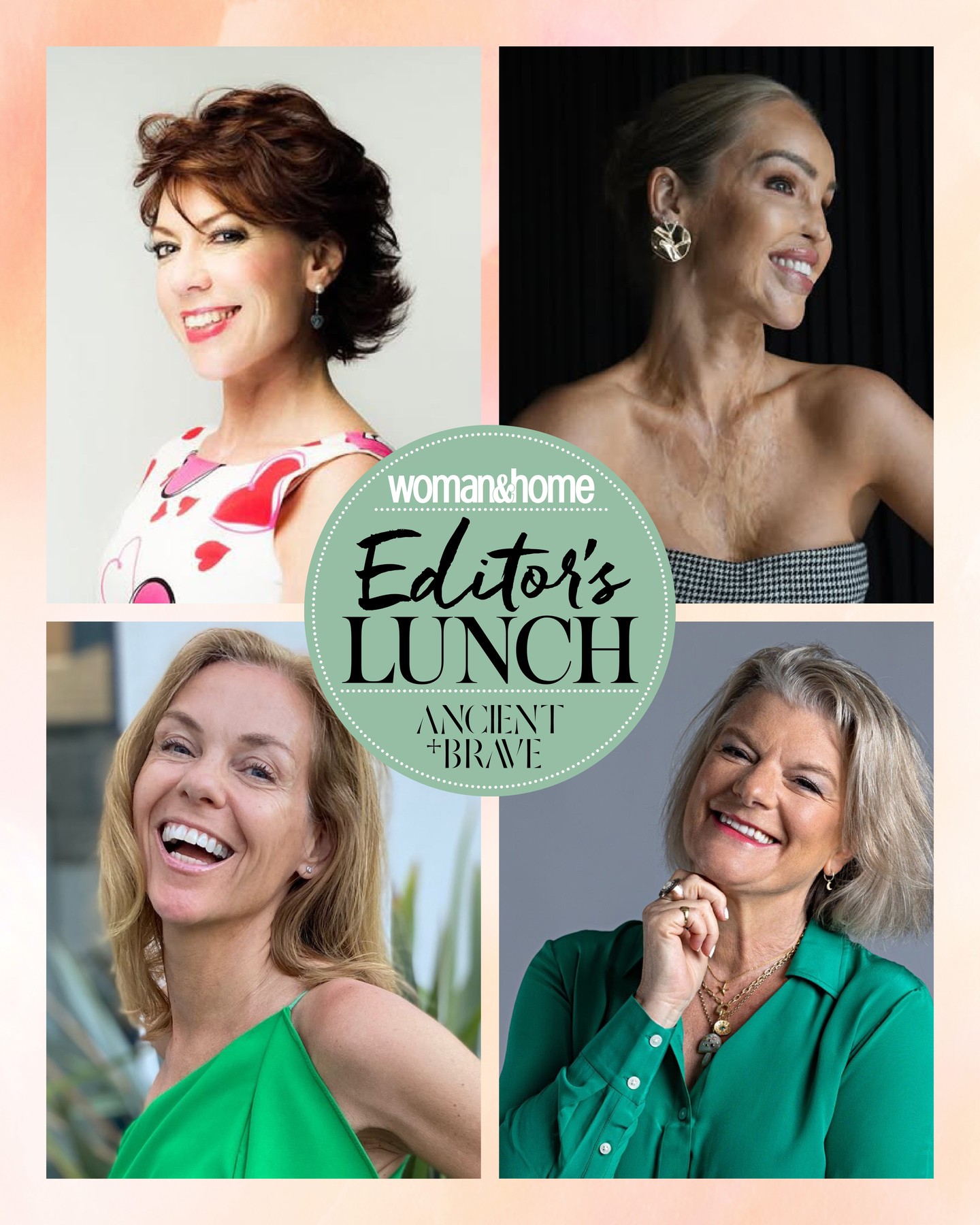 A composite image shows Kathy Lette, Katie Piper, Adele Parks and Veronica Henry, plus text reading 'woman&home Editor's Lunch, Ancient + Brave'