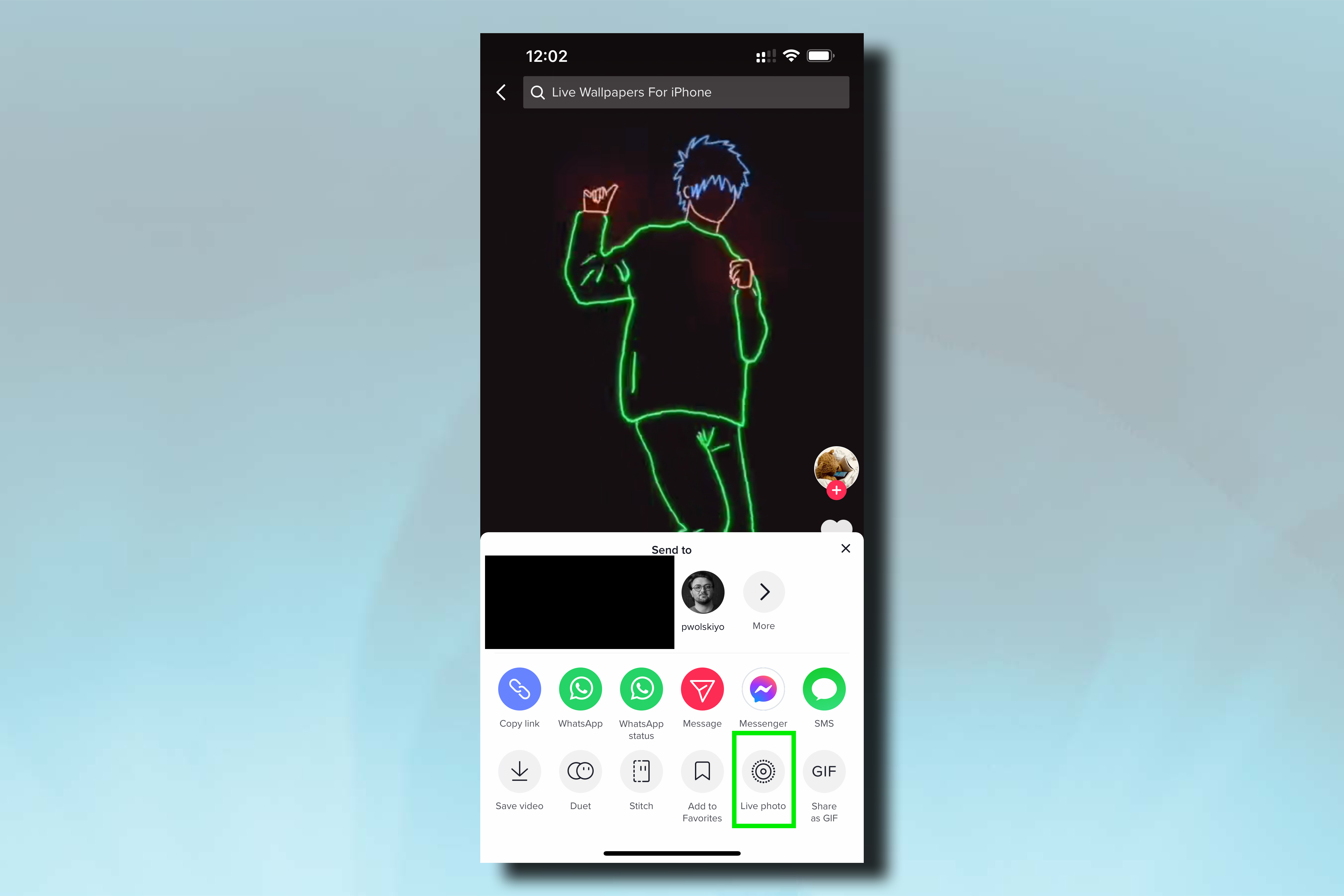 Screenshots of an iPhone using TikTok, demonstrating the steps to set TikTok videos as iPhone wallpapers