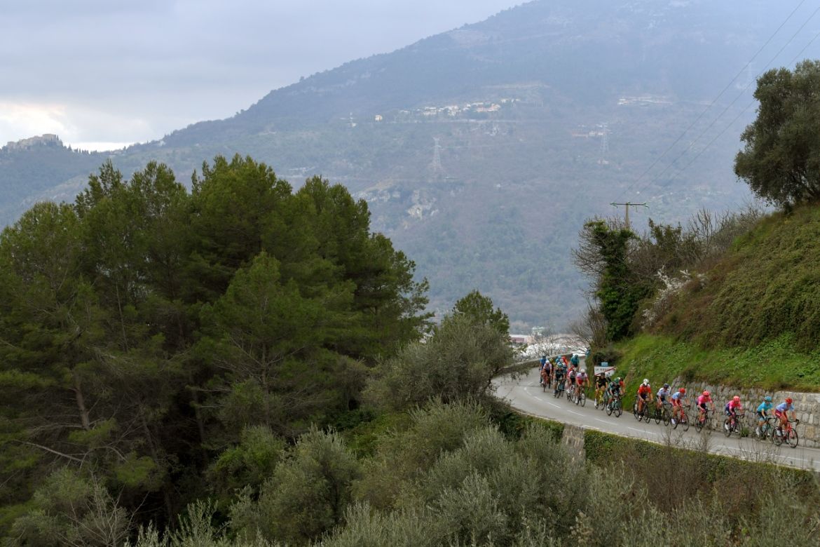 The peloton cuts through the countryside